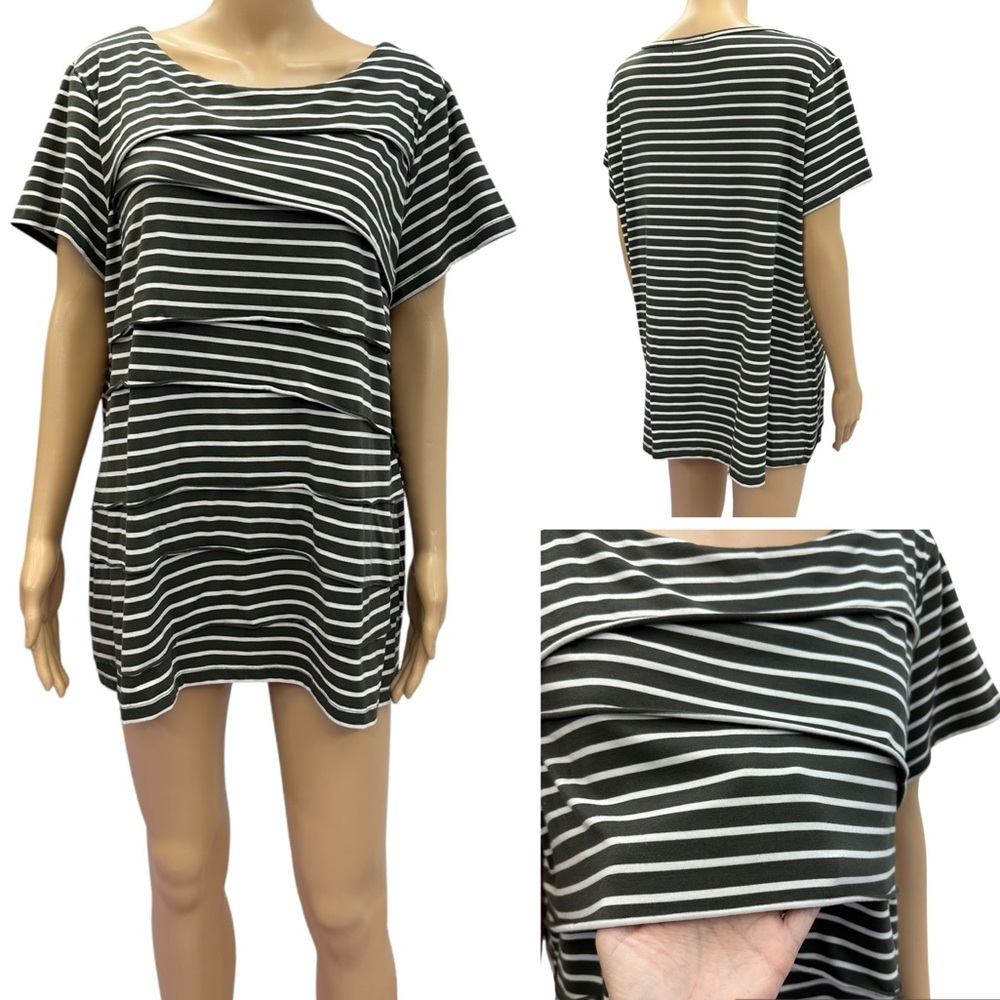 Dress Barn Tiered Short Sleeve Boat Neck Striped Green and White Top Womens 2X
